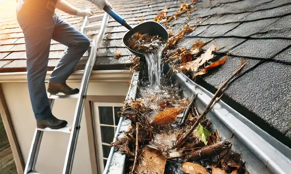 Homeowner on ladder attempting DIY roof repair